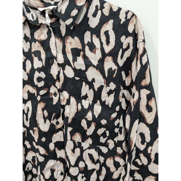 H&M Linen Animal Print Button Front Long Sleeve Oversized Top Size XS - Picture 2 of 5